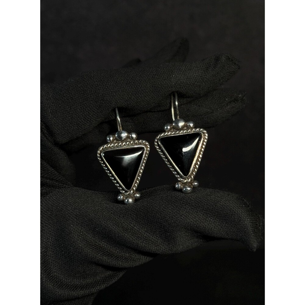 BJM 925 Sterling Silver Thailand Black Onyx Triangle Drop Earrings